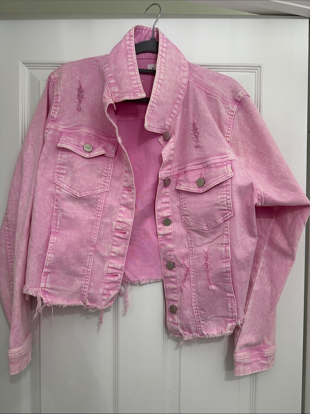 Cropped Pink Distressed Denim Jacket - Women